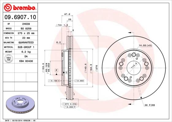 Brembo 09.6907.10 - Bremžu diski adetalas.lv