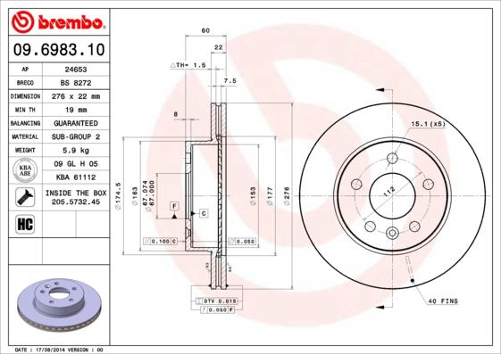 Brembo 09.6983.10 - Bremžu diski adetalas.lv