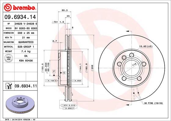 Brembo 09.6934.14 - Bremžu diski adetalas.lv