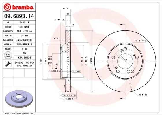 Brembo 09.6893.14 - Bremžu diski adetalas.lv