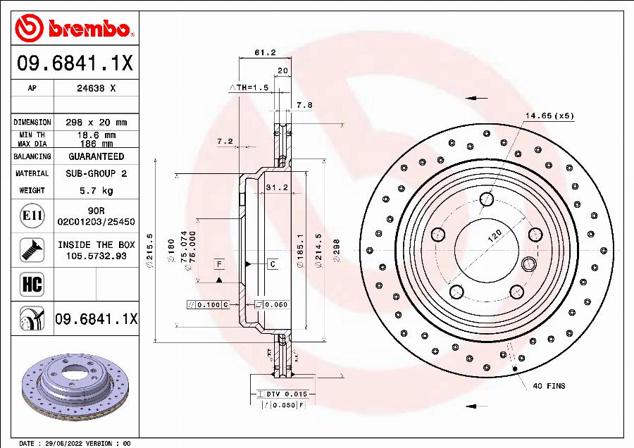 Brembo 09.6841.1X - Bremžu diski adetalas.lv