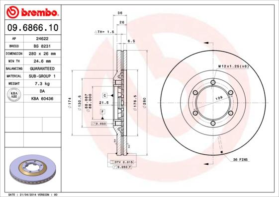 Brembo 09.6866.10 - Bremžu diski adetalas.lv