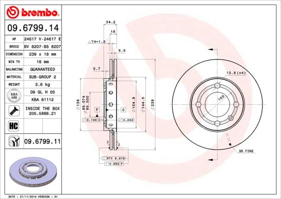 Brembo 09.6799.11 - Bremžu diski adetalas.lv