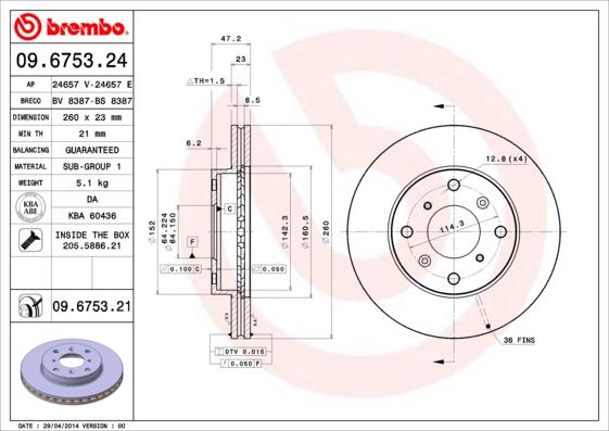 Brembo 09.6753.21 - Bremžu diski adetalas.lv