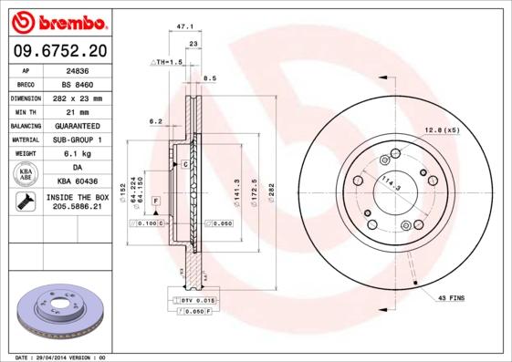 Brembo 09.6752.20 - Bremžu diski adetalas.lv