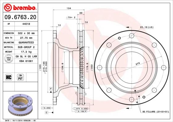 Brembo 09.6763.20 - Bremžu diski adetalas.lv