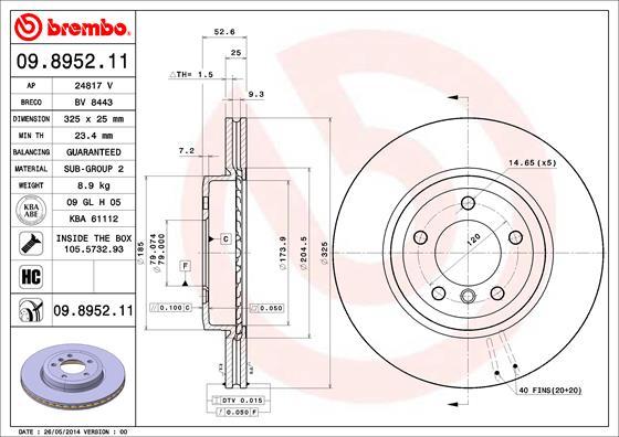 Brembo 09.8952.11 - Bremžu diski adetalas.lv