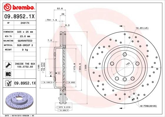 Brembo 09.8952.1X - Bremžu diski adetalas.lv