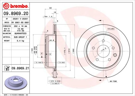 Brembo 09.8969.20 - Bremžu diski adetalas.lv