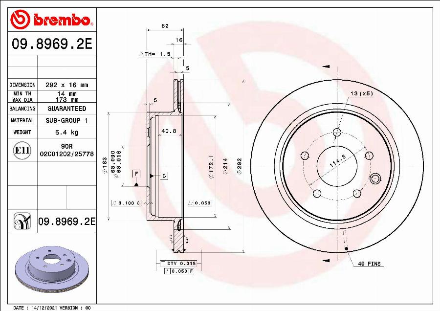 Brembo 09.8969.2E - Bremžu diski adetalas.lv