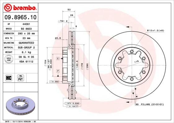 Brembo 09.8965.10 - Bremžu diski adetalas.lv