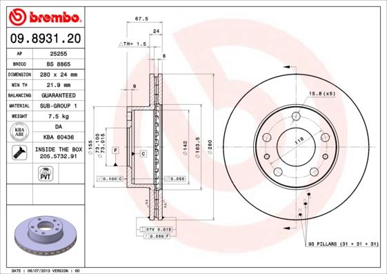 Brembo 09.8931.20 - Bremžu diski adetalas.lv