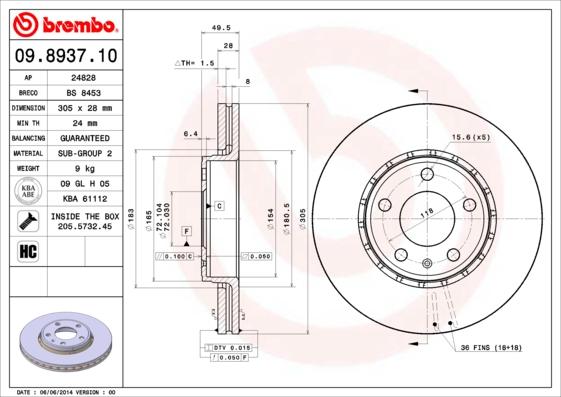 Brembo 09.8937.10 - Bremžu diski adetalas.lv