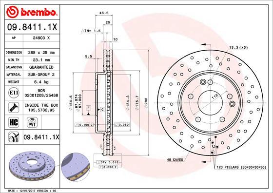 Brembo 09.8411.1X - Bremžu diski adetalas.lv