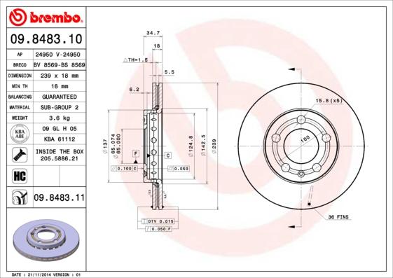 Brembo 09.8483.10 - Bremžu diski adetalas.lv