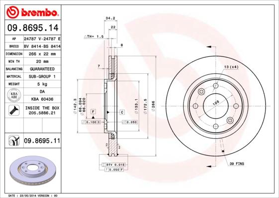 Brembo 09.8695.14 - Bremžu diski adetalas.lv