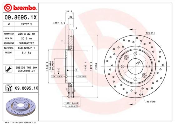 Brembo 09.8695.1X - Bremžu diski adetalas.lv