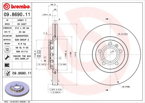 Brembo 09.8690.11 - Bremžu diski adetalas.lv