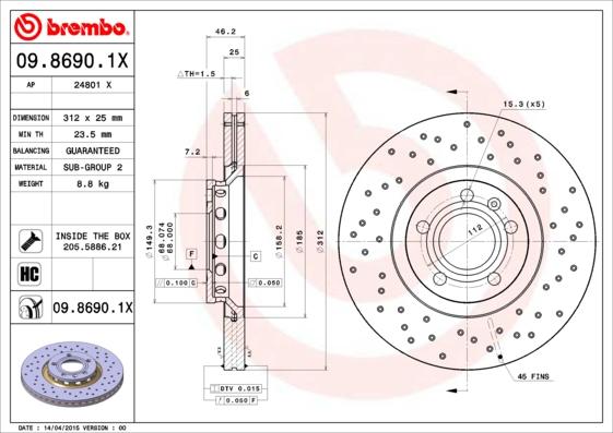 Brembo 09.8690.1X - Bremžu diski adetalas.lv