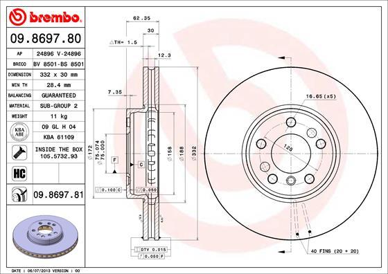 Brembo 09.8697.80 - Bremžu diski adetalas.lv