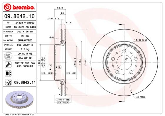 Brembo 09.8642.11 - Bremžu diski adetalas.lv