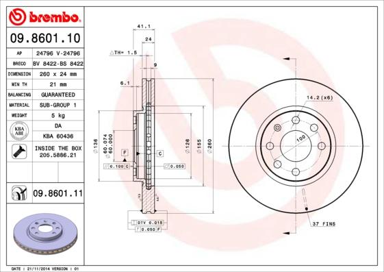 Brembo 09.8601.11 - Bremžu diski adetalas.lv