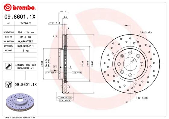 Brembo 09.8601.1X - Bremžu diski adetalas.lv