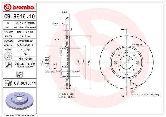 Brembo 09.8616.11 - Bremžu diski adetalas.lv