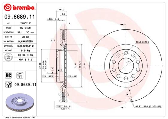 Brembo 09.8689.11 - Bremžu diski adetalas.lv