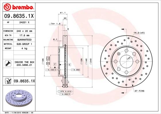 Brembo 09.8635.1X - Bremžu diski adetalas.lv