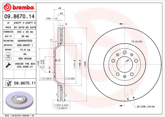 Brembo 09.8670.14 - Bremžu diski adetalas.lv