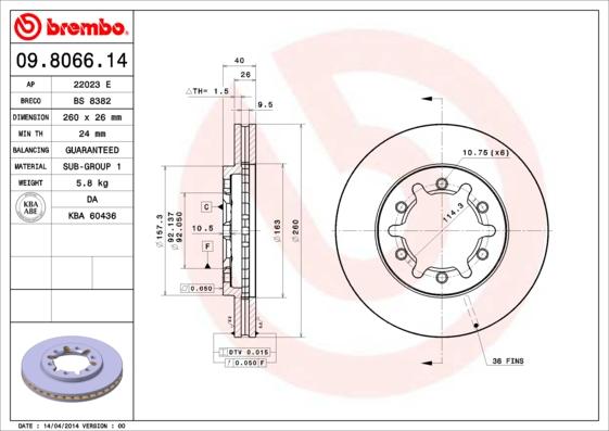 Brembo 09.8066.14 - Bremžu diski adetalas.lv