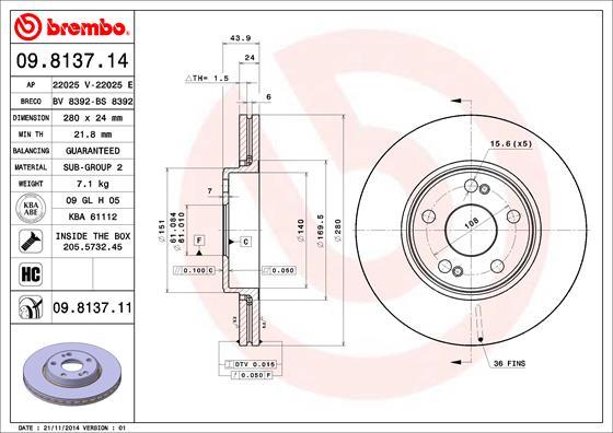 Brembo 09.8137.14 - Bremžu diski adetalas.lv