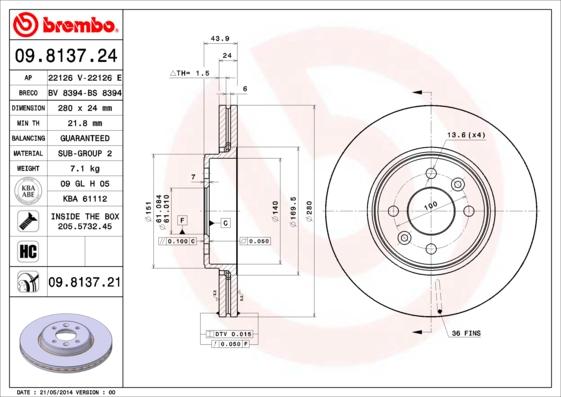 Brembo 09.8137.24 - Bremžu diski adetalas.lv