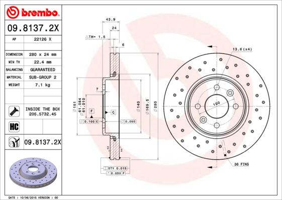 Brembo 09.8137.2X - Bremžu diski adetalas.lv