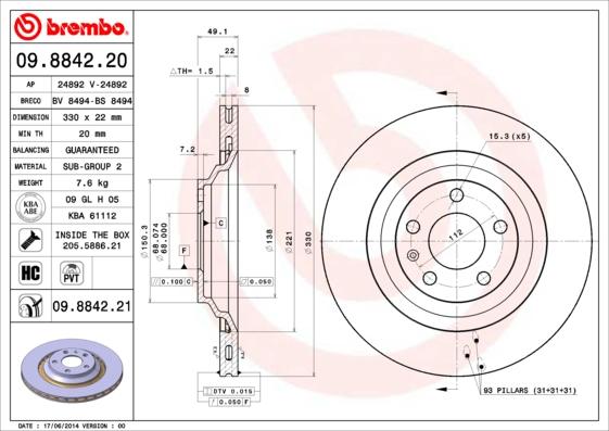 Brembo 09.8842.21 - Bremžu diski adetalas.lv