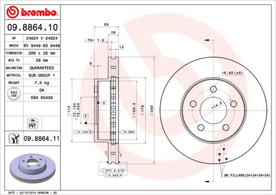 Brembo 09.8864.11 - Bremžu diski adetalas.lv