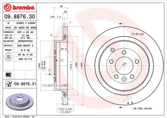 Brembo 09.8876.30 - Bremžu diski adetalas.lv