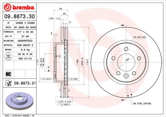 Brembo 09.8873.31 - Bremžu diski adetalas.lv