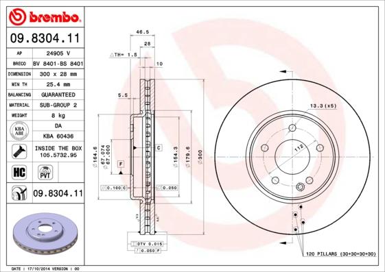 Brembo 09.8304.11 - Bremžu diski adetalas.lv