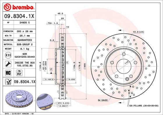 Brembo 09.8304.1X - Bremžu diski adetalas.lv