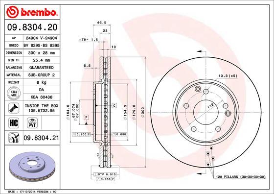 Brembo 09.8304.20 - Bremžu diski adetalas.lv