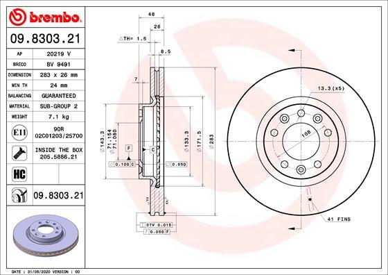 Brembo 09.8303.21 - Bremžu diski adetalas.lv