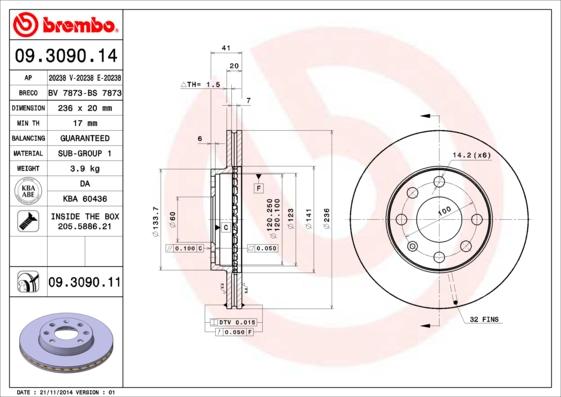 Brembo 09.3090.14 - Bremžu diski adetalas.lv