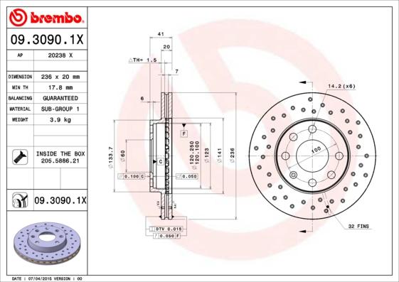 Brembo 09.3090.1X - Bremžu diski adetalas.lv