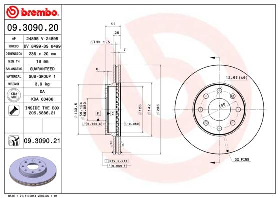 Brembo 09.3090.20 - Bremžu diski adetalas.lv