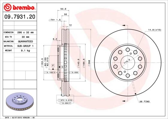 Brembo 09.7931.20 - Bremžu diski adetalas.lv