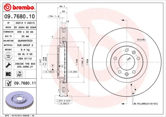 Brembo 09.7680.11 - Bremžu diski adetalas.lv