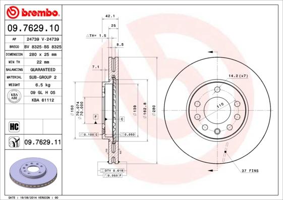 Brembo 09.7629.11 - Bremžu diski adetalas.lv