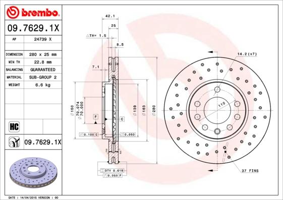 Brembo 09.7629.1X - Bremžu diski adetalas.lv